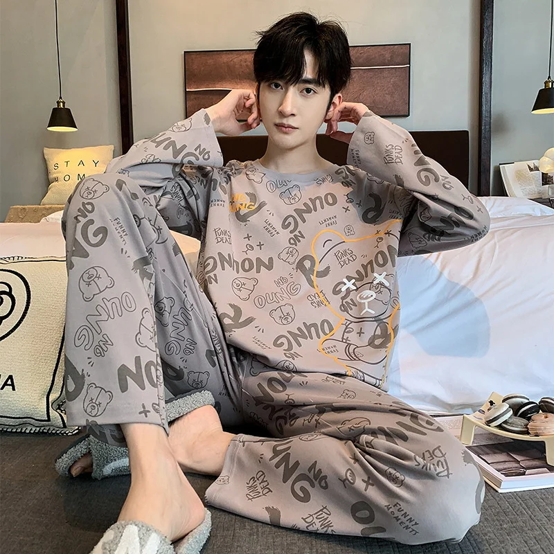 Autumn And Spring Large Size 3XL Pure Cotton Adult Letter Print Men's Pajamas Set Casual Loose Long-sleeved Home Clothes