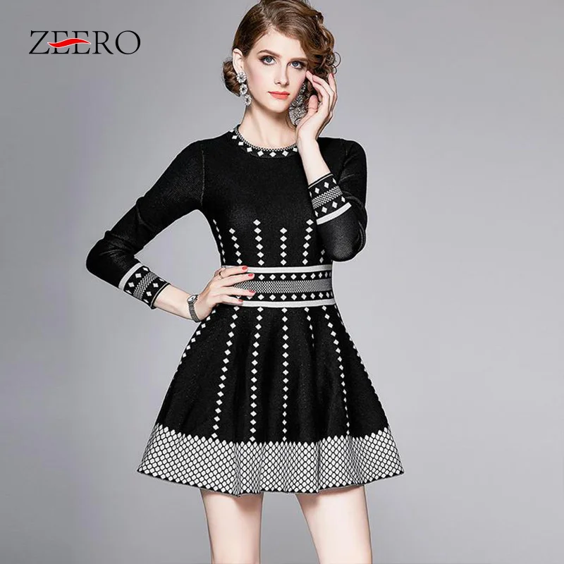 

Autumn Winter Women Vintage Slim All-match Black Plaid Knitted Dress Long Sleeves Base Keep Warm Mini Dresses M-4XL