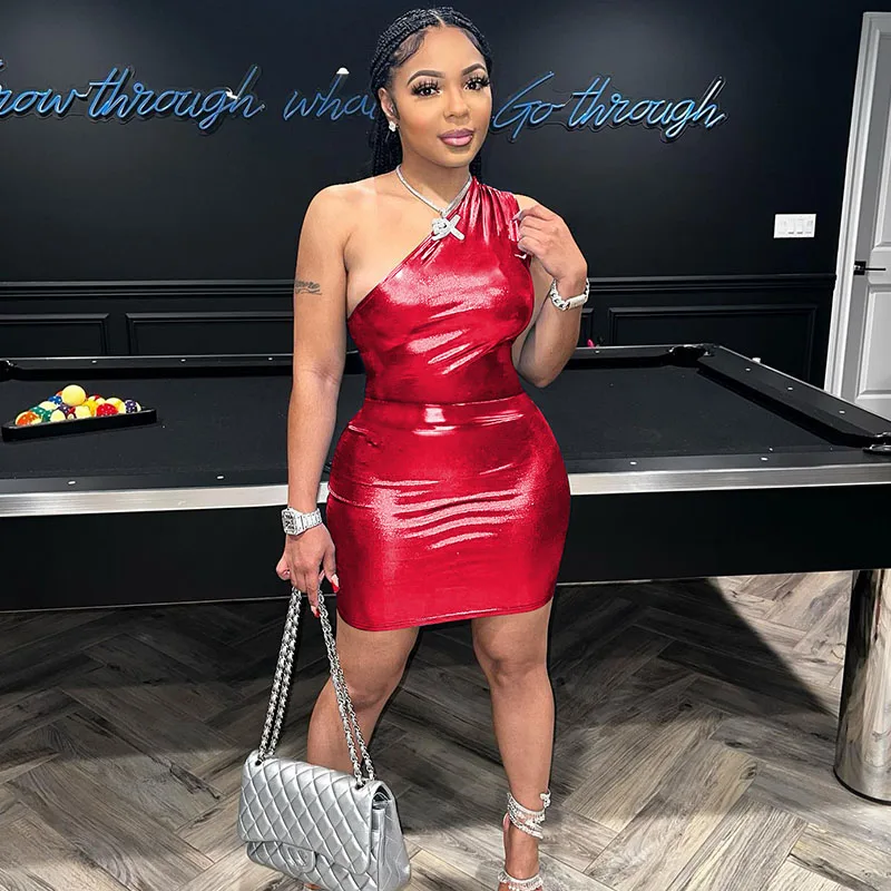 

Gold Silver Metallic Bodycon Dress Sets Womens 2 Piece Outfit One Shoulder Bodysuit Top + Mini Skirt Sets Club Festival Clothes