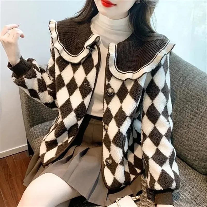 

Small Wind Imitation Lamb Fur Coat Women's Autumn and Winter Clothes 2023 New Doll Collar Plaid Coat College Style Female M859