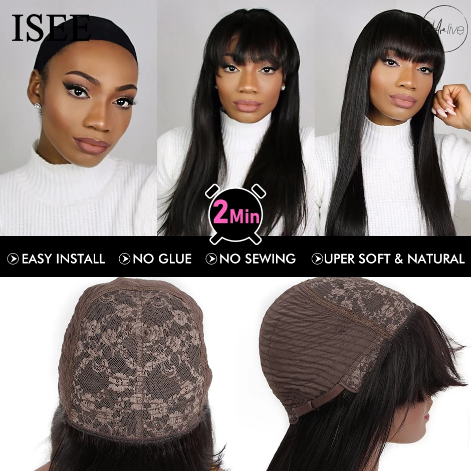 ISEEHAIR Machine Made Sew In Wig Human Hair Straight Wig Malaysian Straight With Bang Natural Color For Women Wigs No Glue