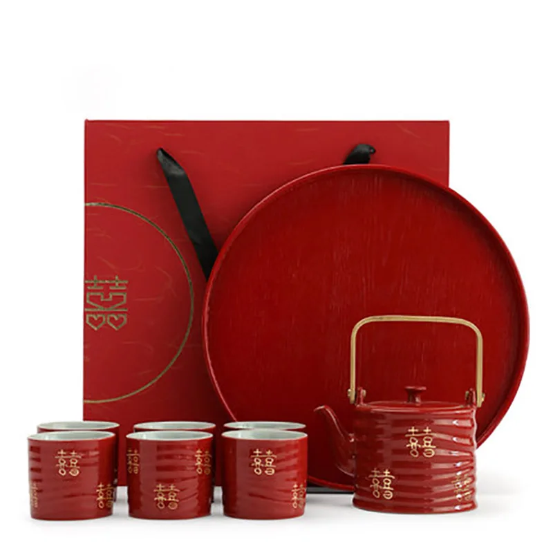 Household Ceramic Tea Pot Set, Teacup Teapot, Customized Chinese Red Wedding Supplies, Bride Gift, Dowry, Marriage Celebration