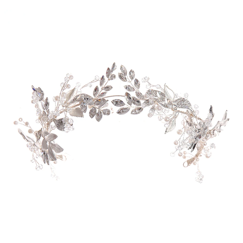 Female Wedding Leaf Headband Party Prop Knitting Silver Gown Hair Vines with Rhinestones for Banquet Wedding Masquerade