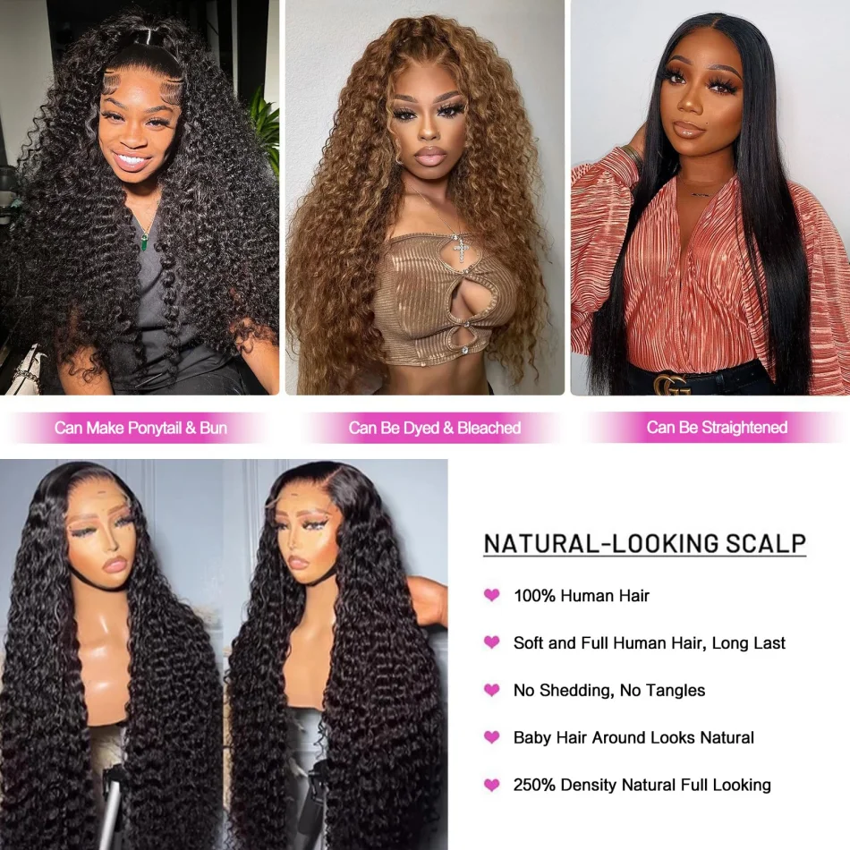 13X6 Hd Lace Frontal Wig Deep Wave Human Hair Wigs Curly Lace Front Wig Brazilian Natural Black 250 Density 40 Inch Pre Plucked