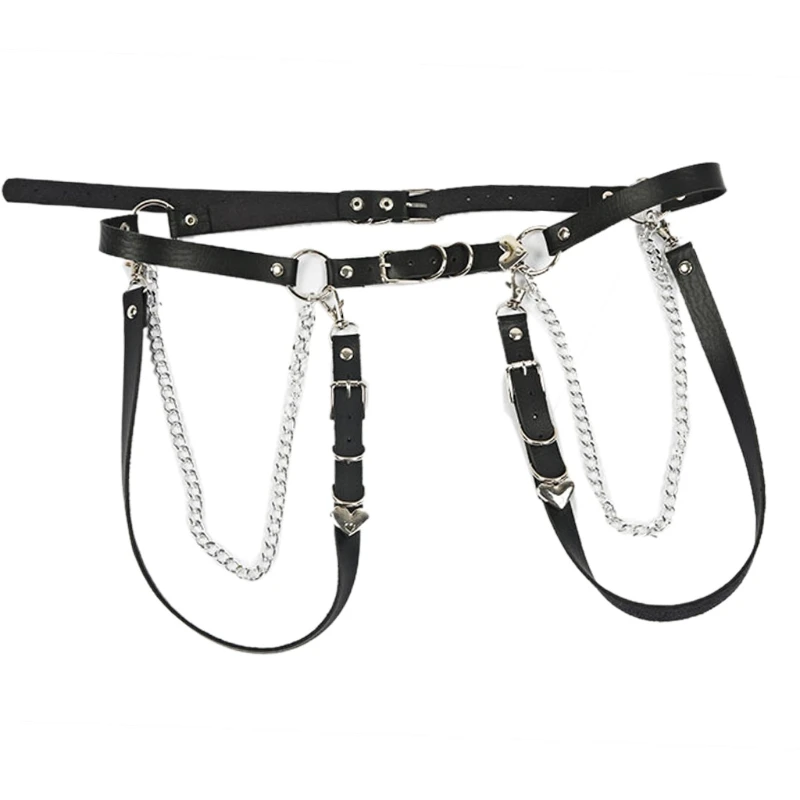 Grommet Belt Women Jeans Synthetic Leather Punk Aesthetic Waist Belts with Chain