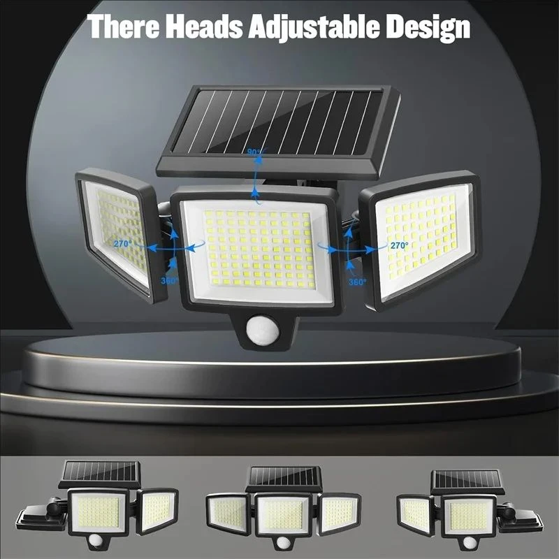 208LED Solar Outdoor Lights Security Lights with Remote Control 3 Heads Motion S