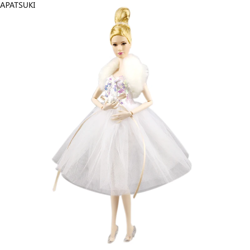 White Sequin Fashion Doll Clothes For Barbie Doll Dress Party Gown Shawl Crystal Shoes Outfits Toys For Children 1/6 Kids Toys