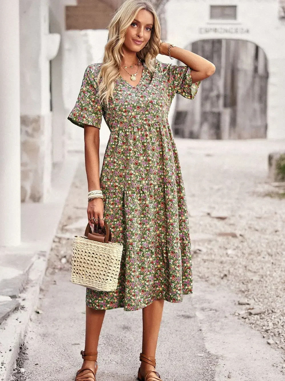 

2024 Summer New Women V Neck Elegant Printed Dresses Short Sleeve High Waist A Line Floral Holiday Female Dress