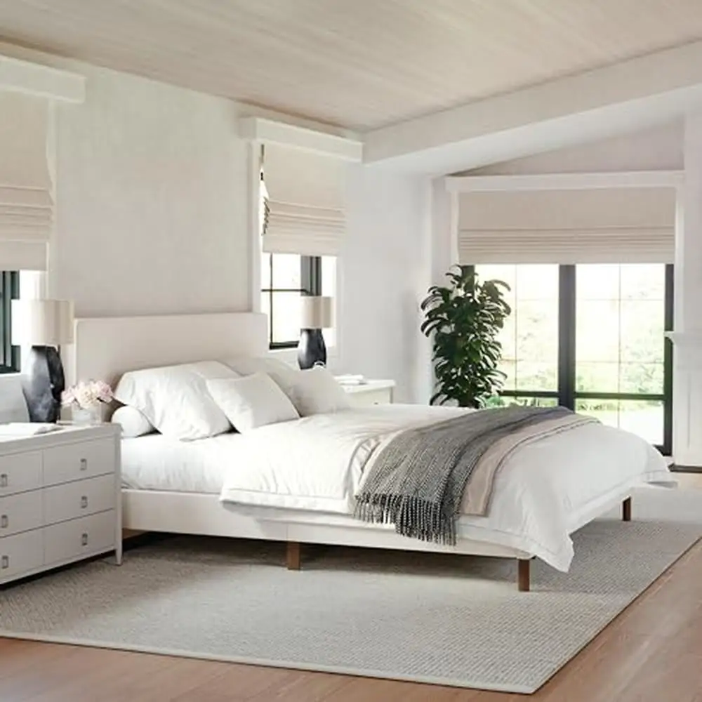 

Platform Bed with Faux Linen Upholstery & Rounded Headboard No Box Spring Needed King Size Padded Beige Fabric/Walnut Legs