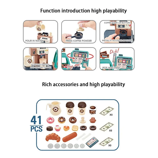 New Children's Play House Toy Simulation Water Coffee Machine Candy Donut Supermarket Shopping Cash Register Toy Kid Toy Set 5