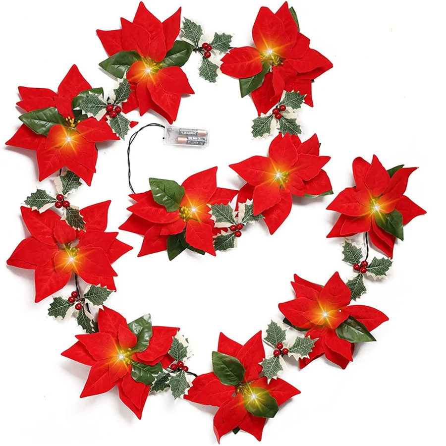 

2M 10LED Christmas Garland String Lights Battery Box Poinsettia Flowers Fairy Lights for Xmas Tree Party Wedding New Year Decor