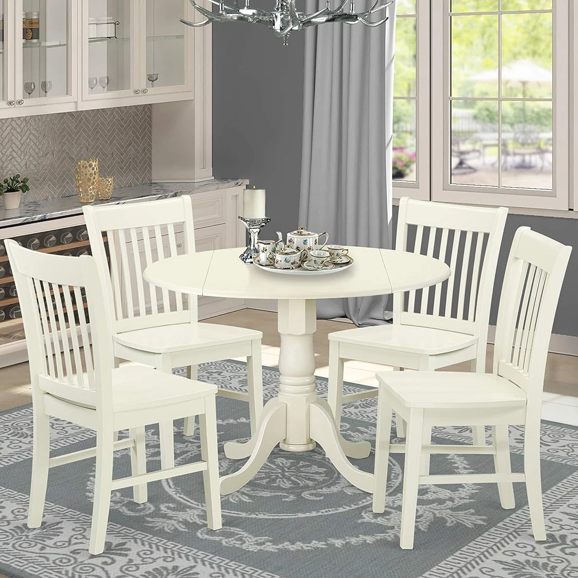 

5 piece Traditional Height Pedestal Dining Room Set, White Dinings Tables set Kitchen Chair