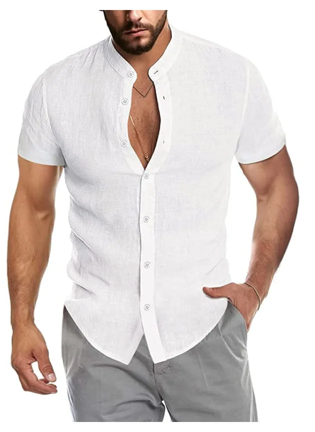Рубашка Мужская винтажная из хлопка и льна, Повседневная Свободная однотонная брендовая блузка в стиле Харадзюку, с коротким рукавом, на пуговицах, лето 2023