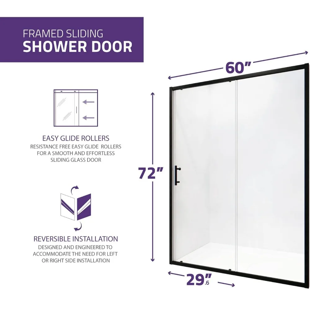 Framed Shower Door in Matte Black, Halberd Water Repellent Glass Shower Door with Seal Strip Parts, Easy Glide Rollers Sliding 3