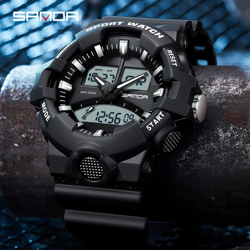 SANDA Brand Sport Watches Mens Military Waterproof Shockproof Watch Dual Display Auto Date Male Quartz Digital Wristwatches