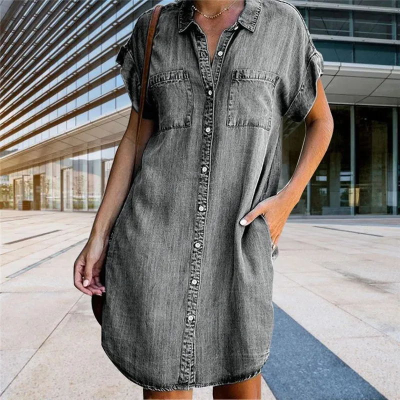 

Women Denim Shirt Dresses Short Sleeve Distressed Jean Dress Button Down Casual Tunic Top 1998