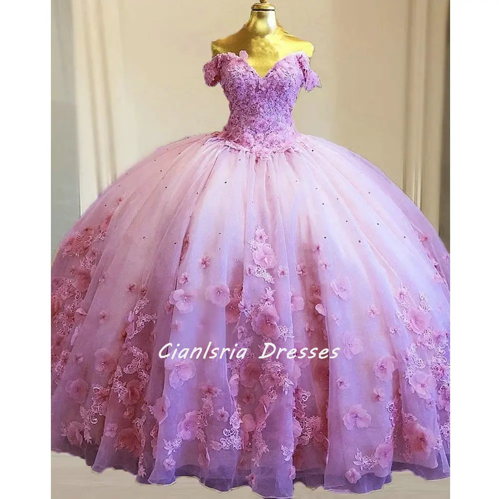 

Розовый корсет с объемными цветами, мексиканское платье Quinceanera, бальное платье с открытыми плечами, кружевные платья с аппликацией для 15-летних