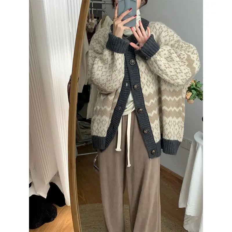 

Sweet All-match O-neck Sweater Coat Women 2023 Spring Autumn Soft Loose Knitted Cardigan Contrast Color New