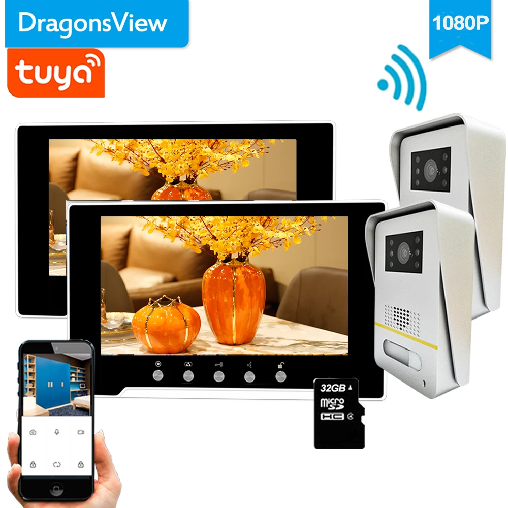 

Видеодомофон Dragonsview 1080P, Wi-Fi, 2 монитора, 7 дюймов