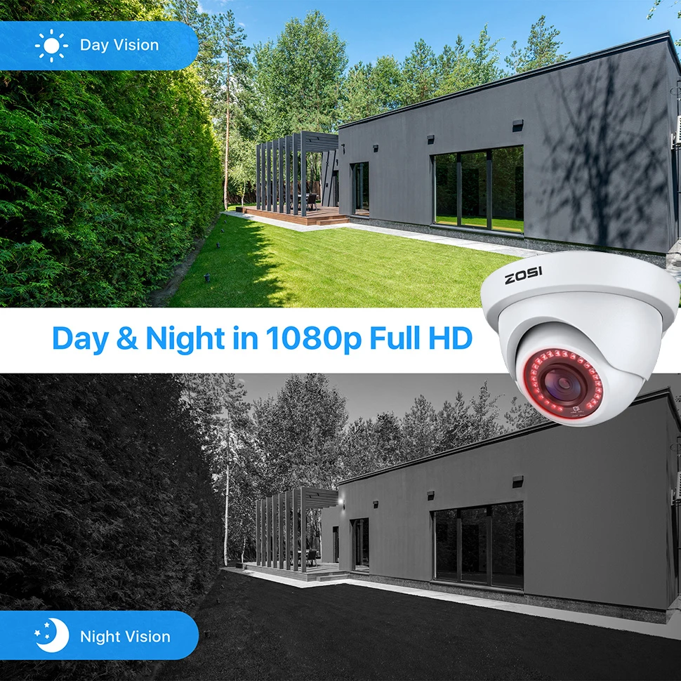 ZOSI 2.0MP HD 1080P 1920TVL hybrydowy 4-in-1 TVI CVI AHD 960H CVBS kamera kopułkowa CCTV kryty odkryty dla domu CCTV System DVR