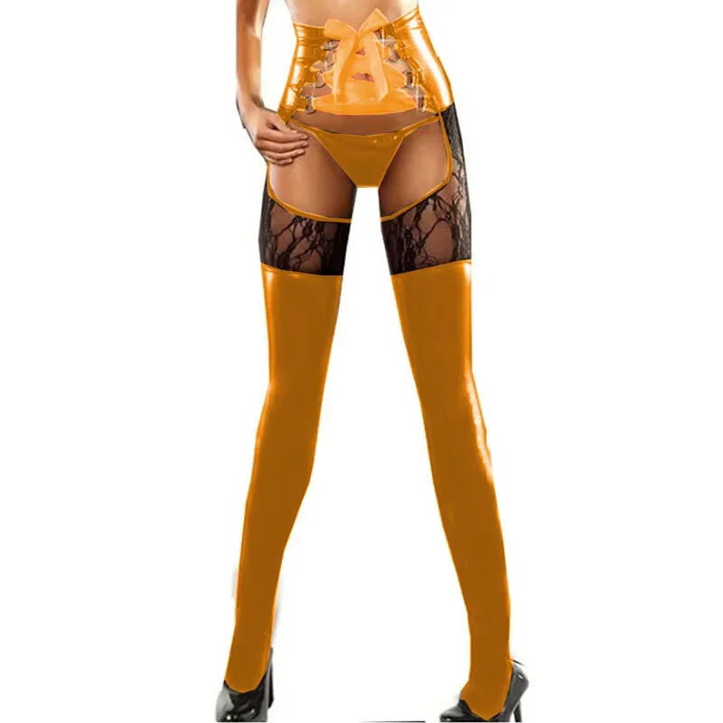 19 Colors Lace Up Stockings Women Lace Patchwork Faux Leather Footed Pants Sexy Crotchless Pantyhose Novelty Open Butt Underwear