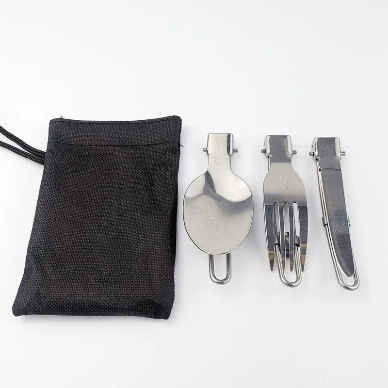 Stainless Steel Folding Tableware for Outdoor Travel Portable Folding Knives Forks and Spoons Cloth Bag Picnic Camp Cutlery