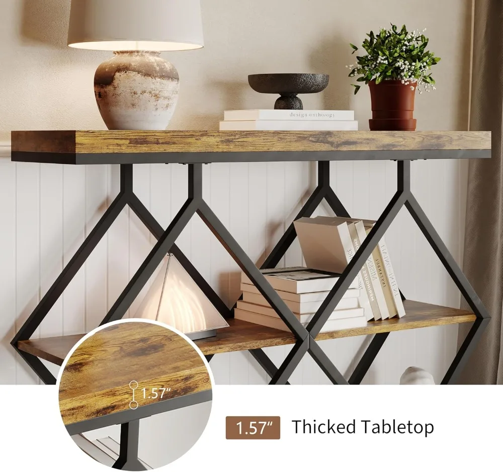 3-Tier Industrial Console Table with Storage, Rustic Brown Entryway Sofa Table, Diamond Metal Frame