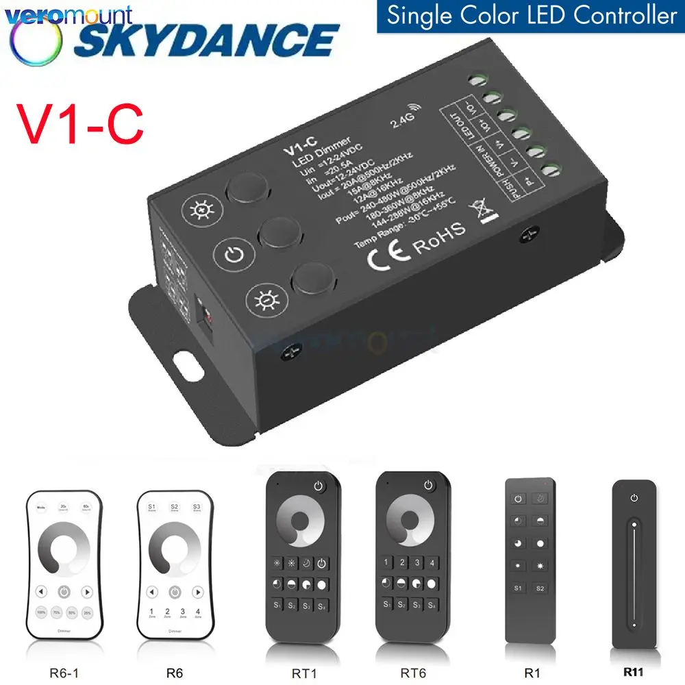 

Skydance V1-C DC 12V 24V светодиодный переключатель диммера 20A контроллер постоянного напряжения для одноцветной зеркальной ленты 2,4G RF пульт дистанционного управления