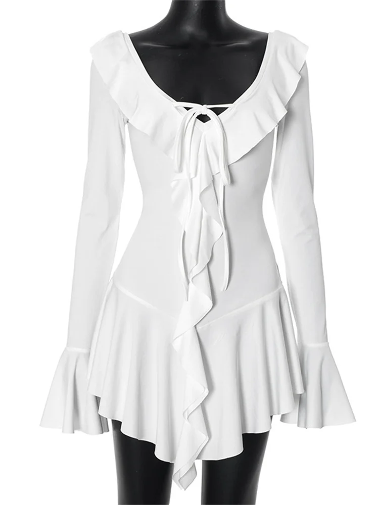 Ruffled Lace-Up White Mini Dress Women's V-Neck Patchwork Long Sleeve Sexy Slim Dress Bandage Elegant Female Summer Dress 6