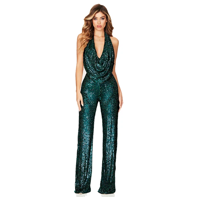 Sexy Backless Gold Sequin Bosycon Jumpsuit Women Long Sleeve Evening Party Night Club Bodysuit One Piece Rompers Overall Pant 3