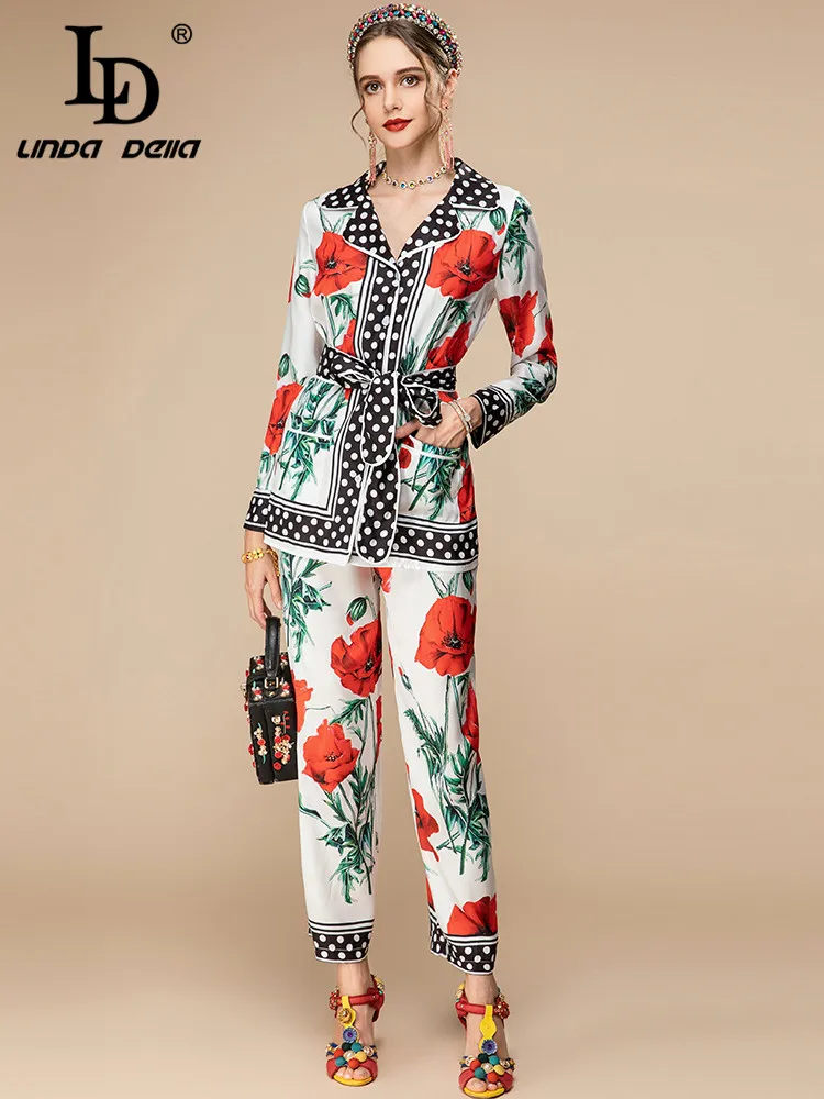 

LD LINDA DELLA Designer Spring Flower Print Pants Set Women Long sleeve Single-breasted Shirts＋Wide-leg pants 2 Pieces Suit