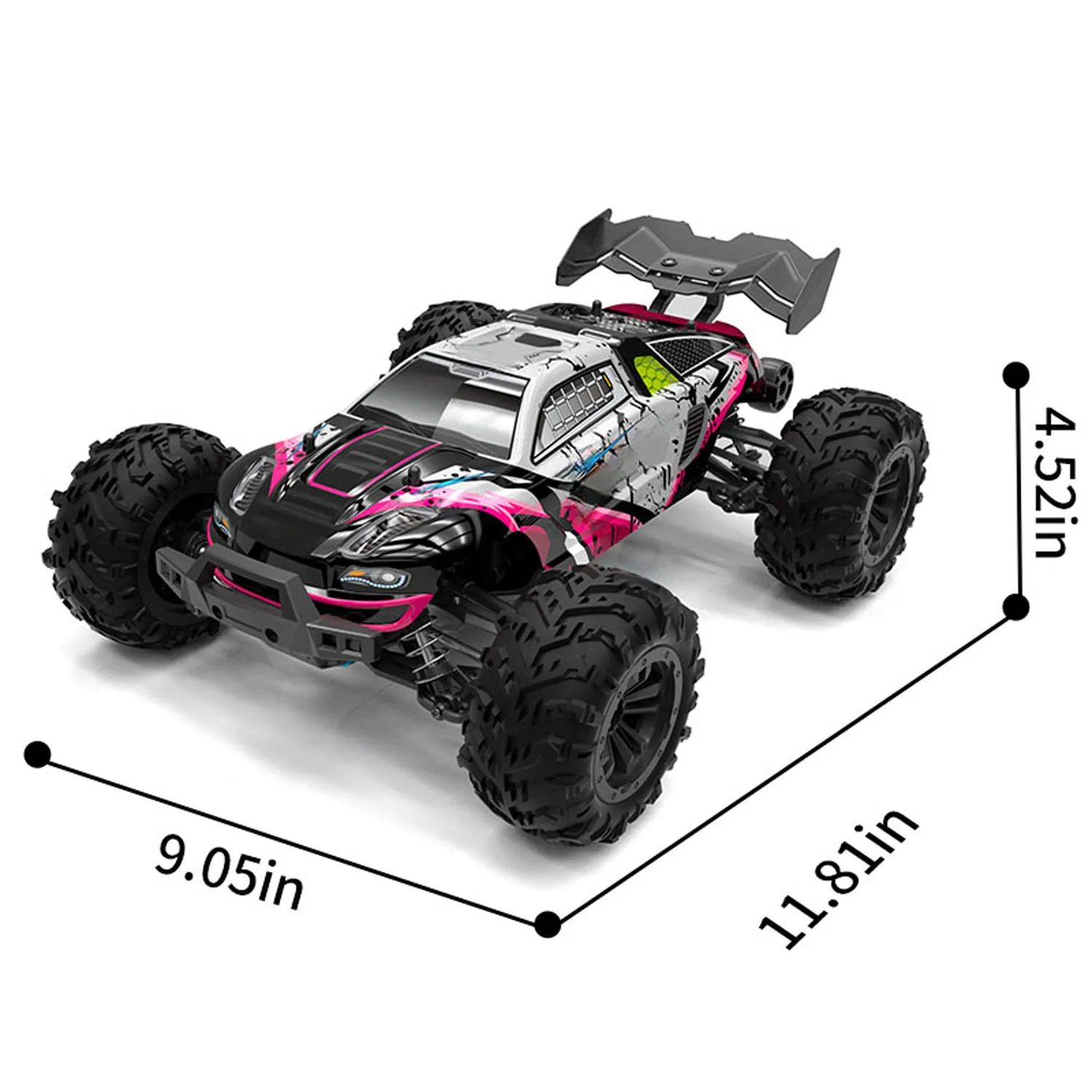 Vue de côté montrant le châssis et la carrosserie de la voiture RC tout-terrain 1/16 JJRC Q117 4x4 70km/h Brushless RTR