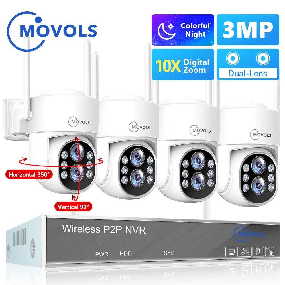 Movols 3MP Wireless Security Camera System 10X Optical Zoom Two Way Audio WIFI PTZ Camera 8CH NVR Kit Video Surveillance System Security Camera