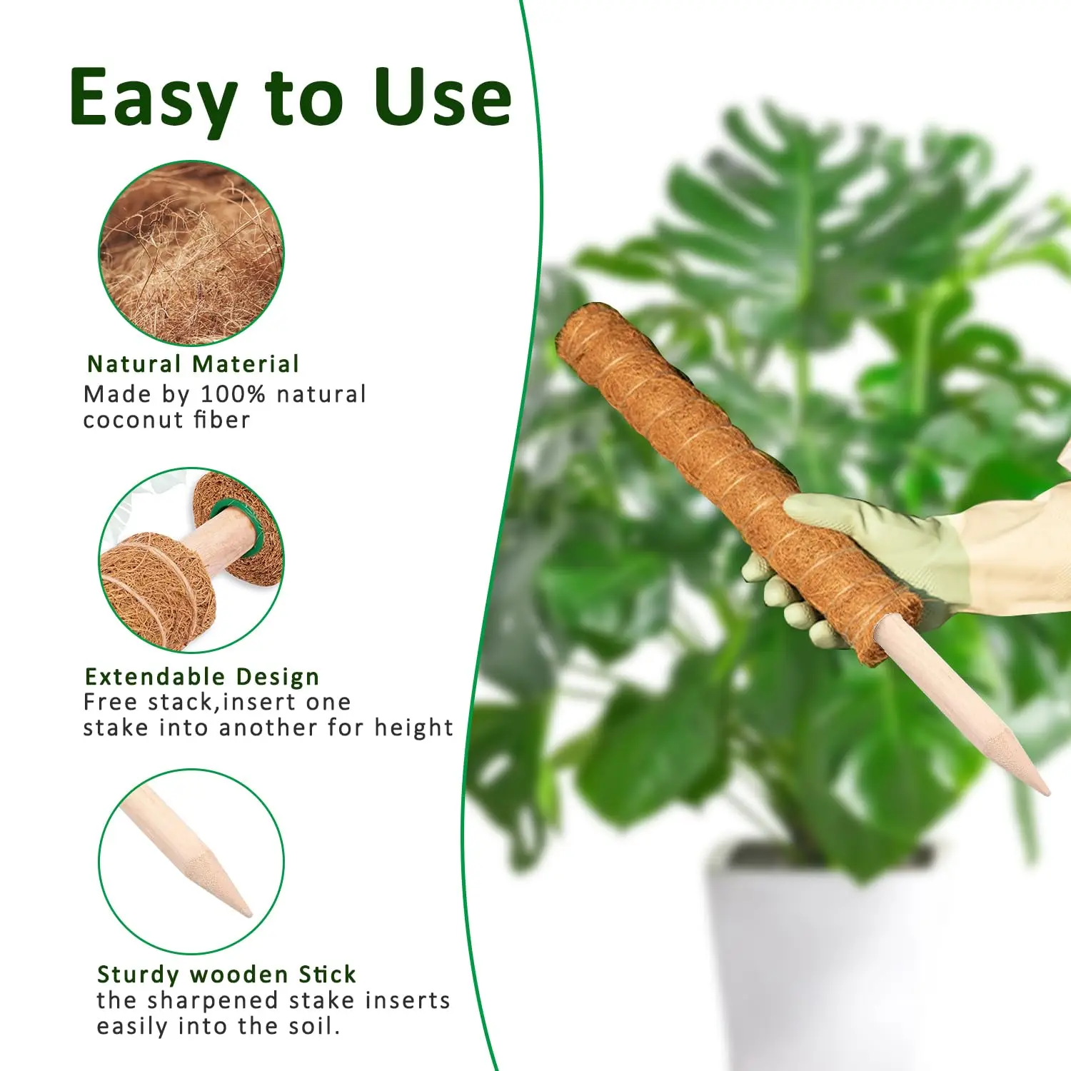 Moss Pole 38/43/53CM Monstera Plant Support Stackable Moss Poles for Plants Coir Totem Pole Tall for Climbing Plants