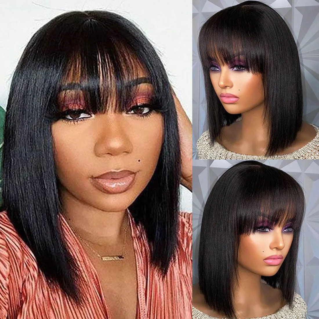 Straight Bob Human Hair Wigs With Bangs Brazilian Hair Machine Made Short Straight Bob Natural Color Wig For Women human hair wigs