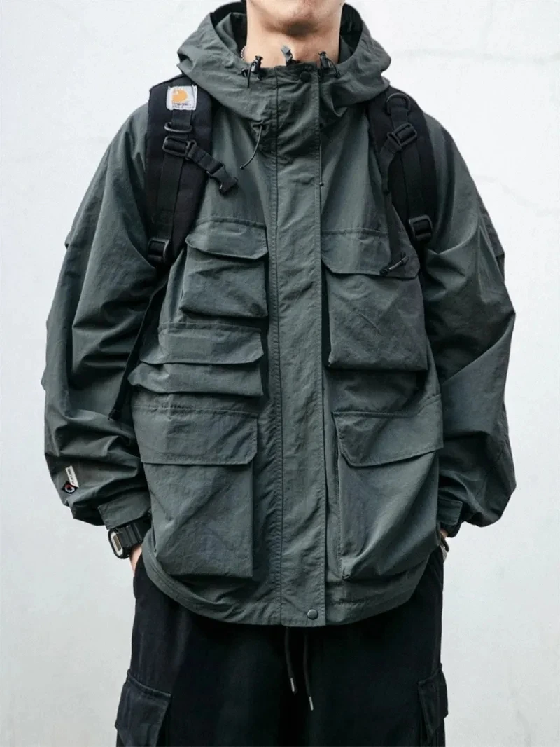 Multi-pocket Streetwear Mountain Hoodie Jacket Men Clothing Japanese Harajuku Casual Cargo Jacket Fashion Black Coats Male