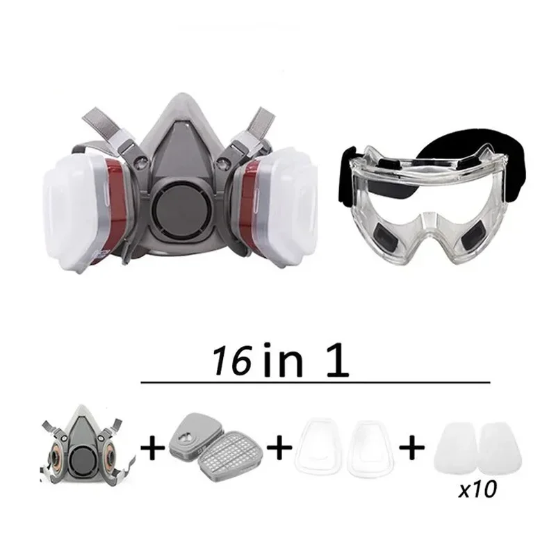 Gas Mask Reusable Respirator 6200 Half Face Cover with Fog-proof Glasses for Painting Spray