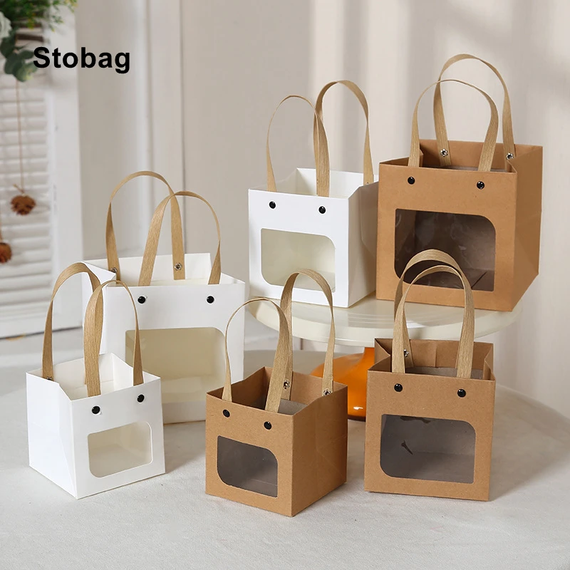 

StoBag 12pcs Kraft Paper Gift Packaging Tote Bag with Window Cake Candy Cookies Present Baking Favors Party Birthday Holiday