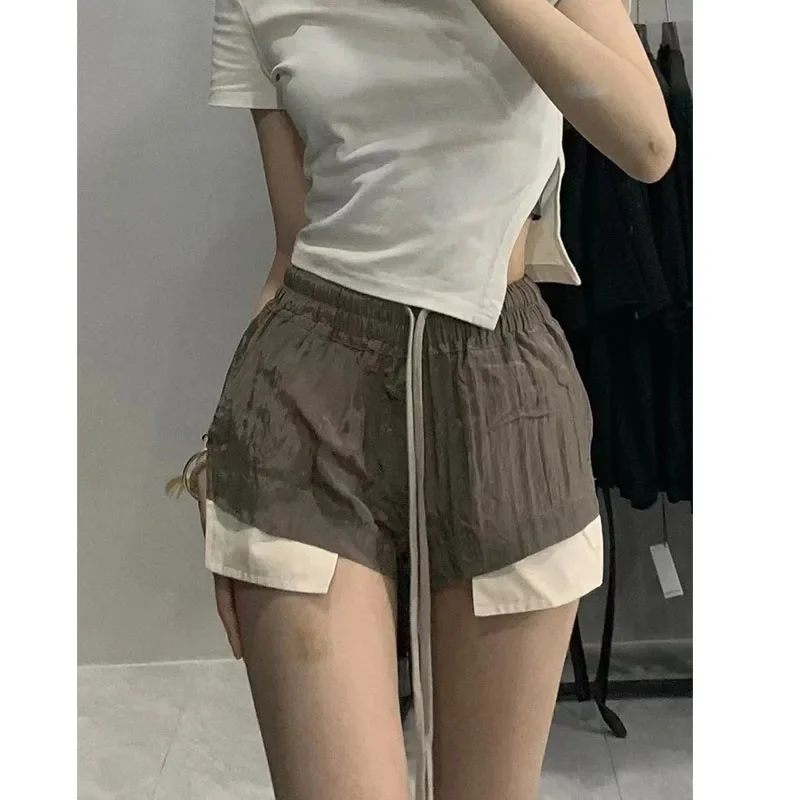 24ss-summer-rick-women's-shorts-hot-sale-y2k-khaki-gray-sport-owens-pants-blocking-pocket-hem-flat-draw-elastic-ro-short-pants