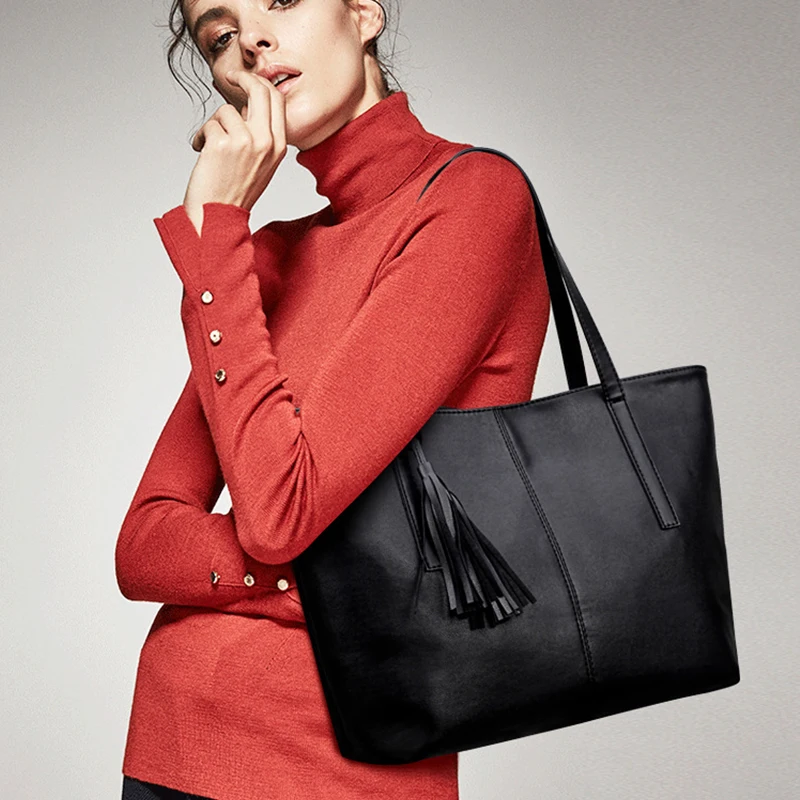 

Винтажная черная сумка-тоут с кисточками для женщин, кожаный саквояж на плечо, вместительная сумочка с ручками сверху, Дамский кошелек для покупок