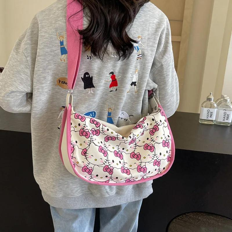 

Kawaii Canvas Crossbody Bag Sanrio Hello Kitty Large Capacity Shoulder Bag Cartoon Versatile Cute Knapsack Birthday Gift Girls