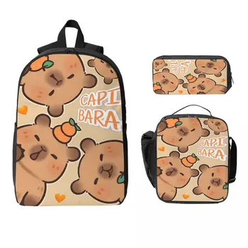 3Pcs Funny Capybara Kawaii School bags Set for Kids Pencil Boxes Backpack Sets with Lunch Box For School Students Knapsack 1