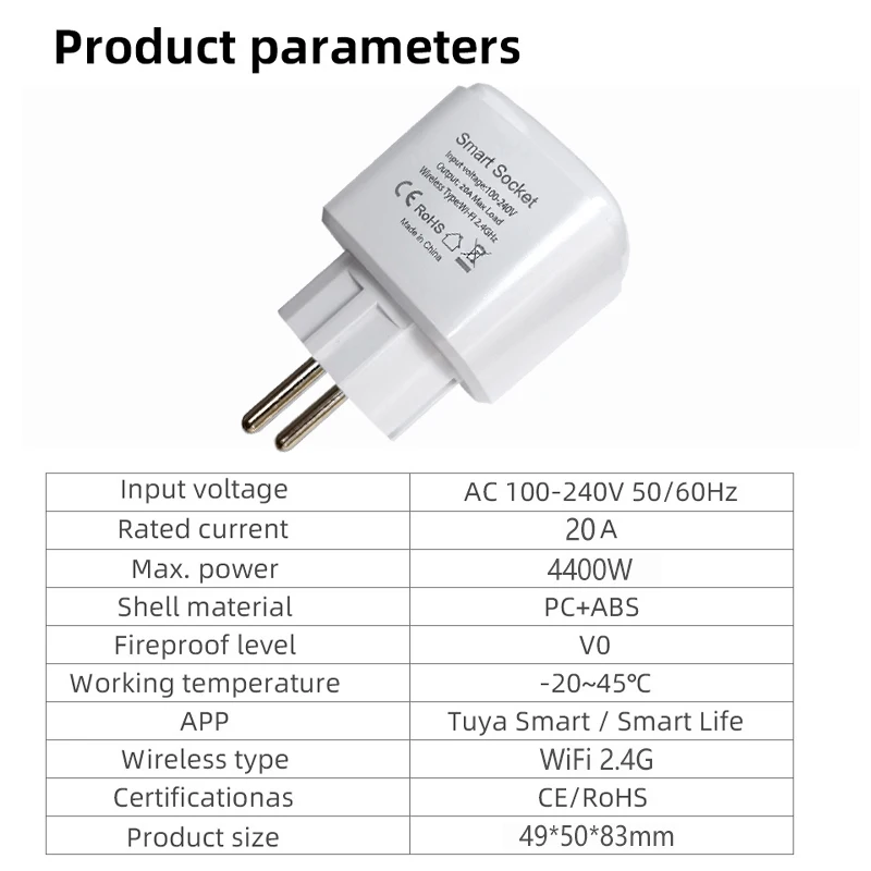Tuya Smart Life WiFi Socket 20A EU France Plug App Remote Control Timing Power M