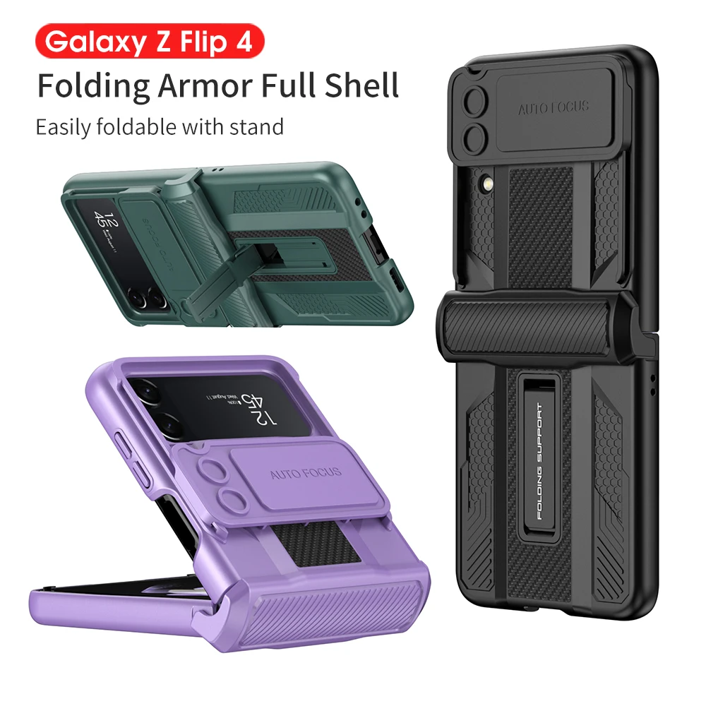 

Slide Lens Cover Phone Case For Samsung Galaxy Z Flip 4 5G Magnetic Hinge Hard Armor Shock-proof With Bracket Shell For Z Flip 4