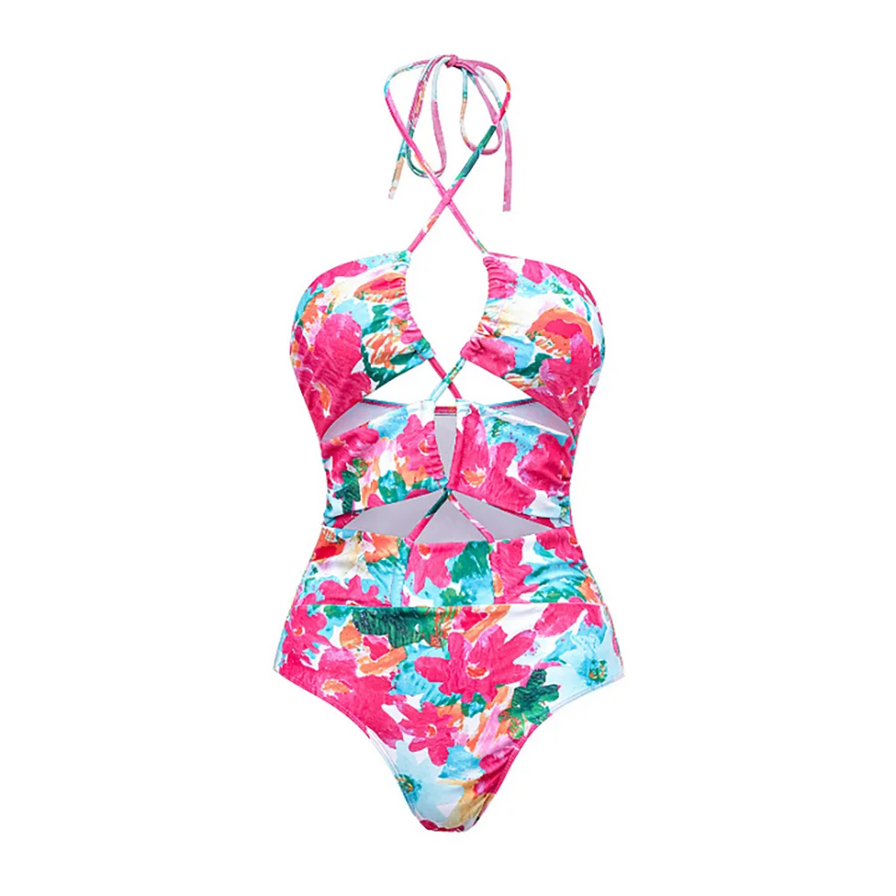 3D Flower Printed Swimswaer Flower Decor One Shoulder Bikini One Piece Swimsuit and Skirt Decoration Striped Retro Beachwear Cov