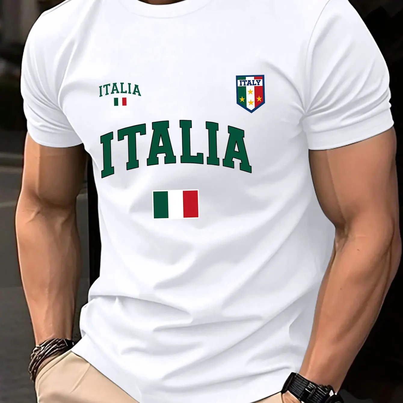 Herren-T-Shirt aus reiner Baumwolle mit italienischem Flaggen-Emblem-Muster, lässiges Rundhals-Kurzarm-Street-Top – Detail 3