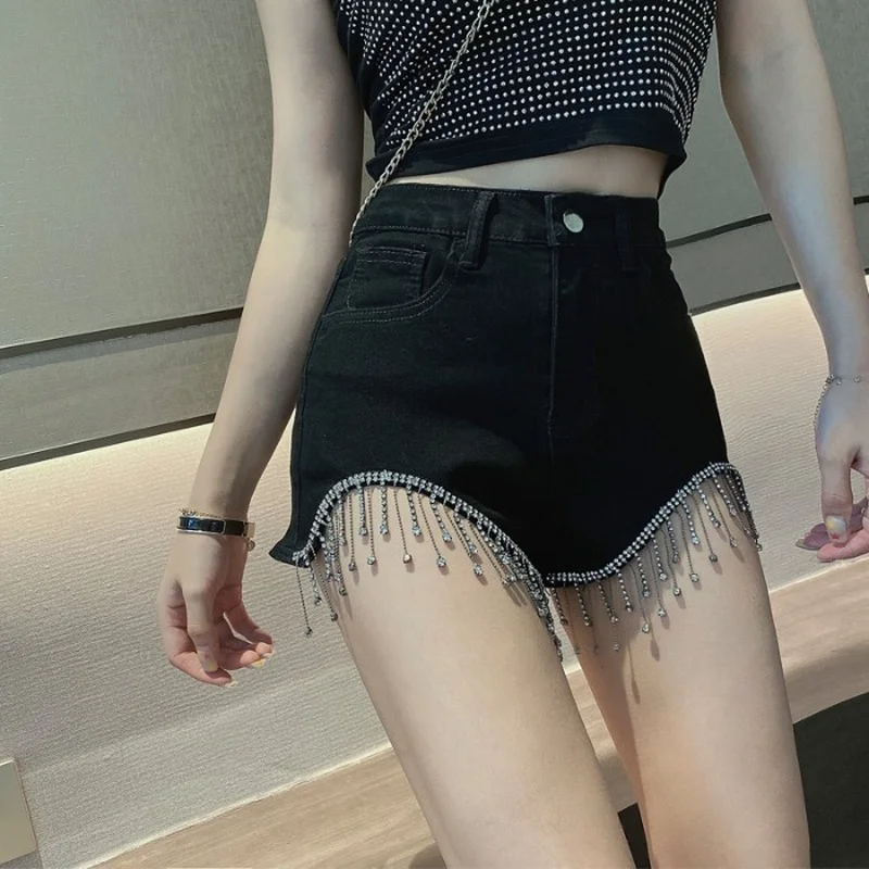

Women Summer Sexy High Waist Slim Shorts Club Fashion Bright Diamond Tassel Shorts Female Soild Color Shorts Ropa Mujer Bottoms