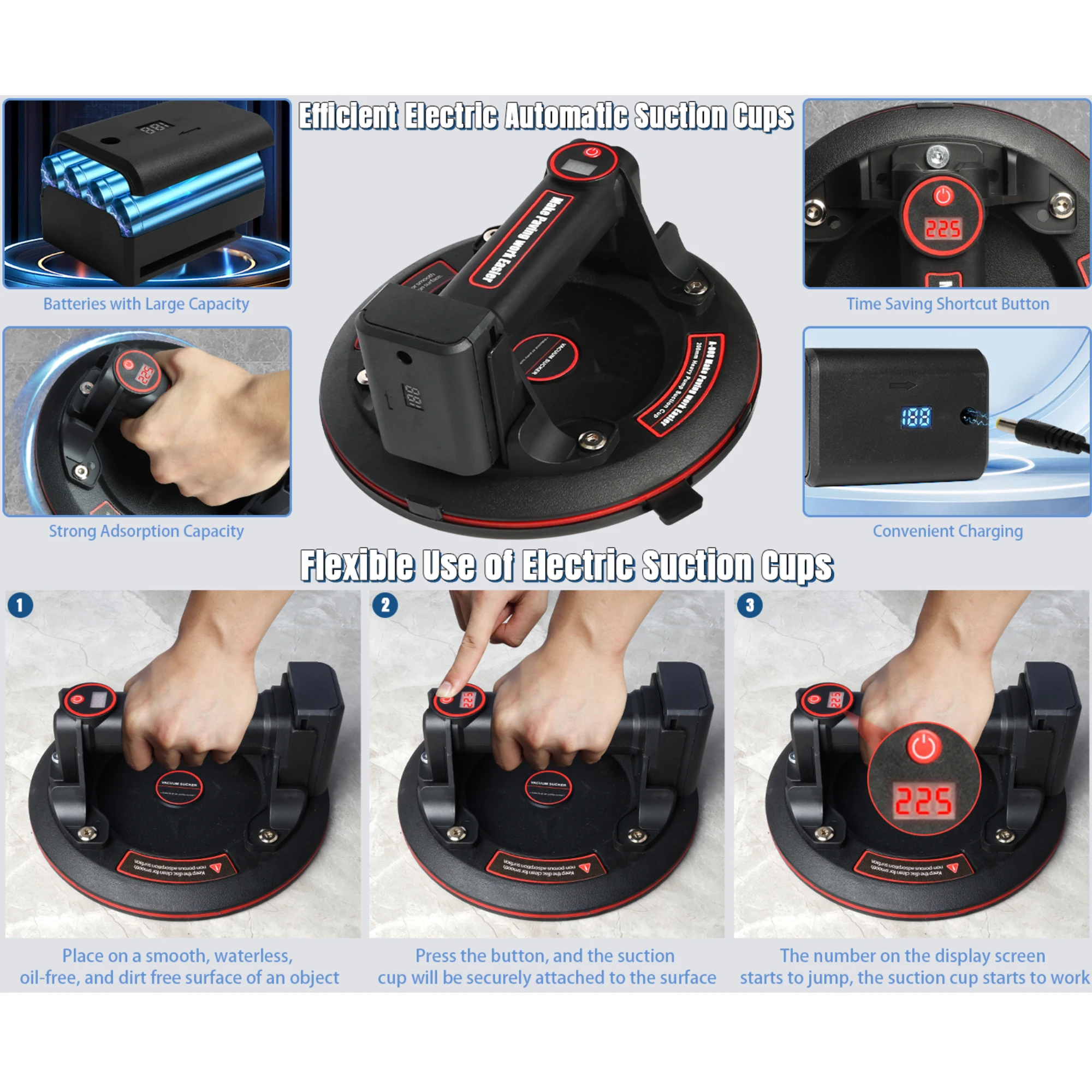 Electric Vacuum Suction Cup for Glass Tile Strong Bearing Capacity 8in Sucker Electric Vacuum Glass Lifter and Transport Sucker