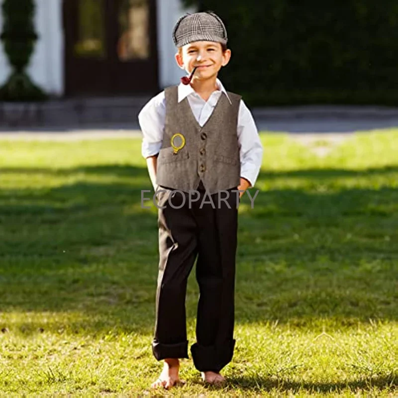 Kids Detective Costume Boys Formal Suit Vest Beret Detective Hat Accessories Set for Halloween