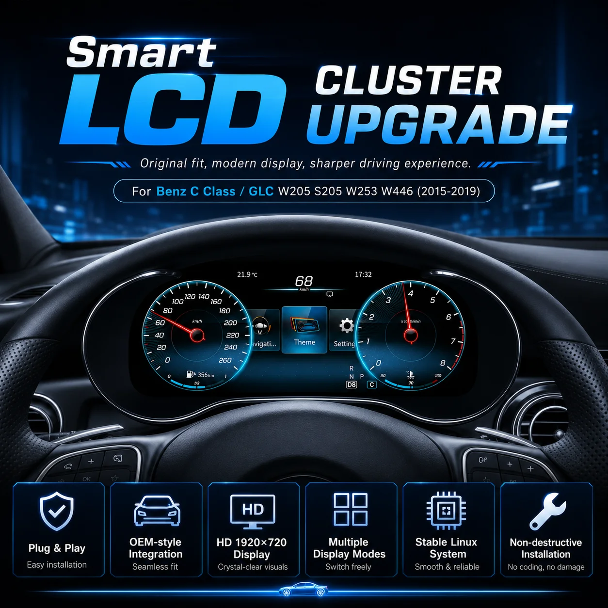 AUTOABC Pantalla Digital LCD de 12.3 Pulgadas para el Panel de Instrumentos, CarPlay Inalámbrico y Android Auto para Mercedes-Benz Clase C/GLC W205 S205 W253 Sistema NTG 5.0 2015-2020 con Función HDMI Airplay 4
